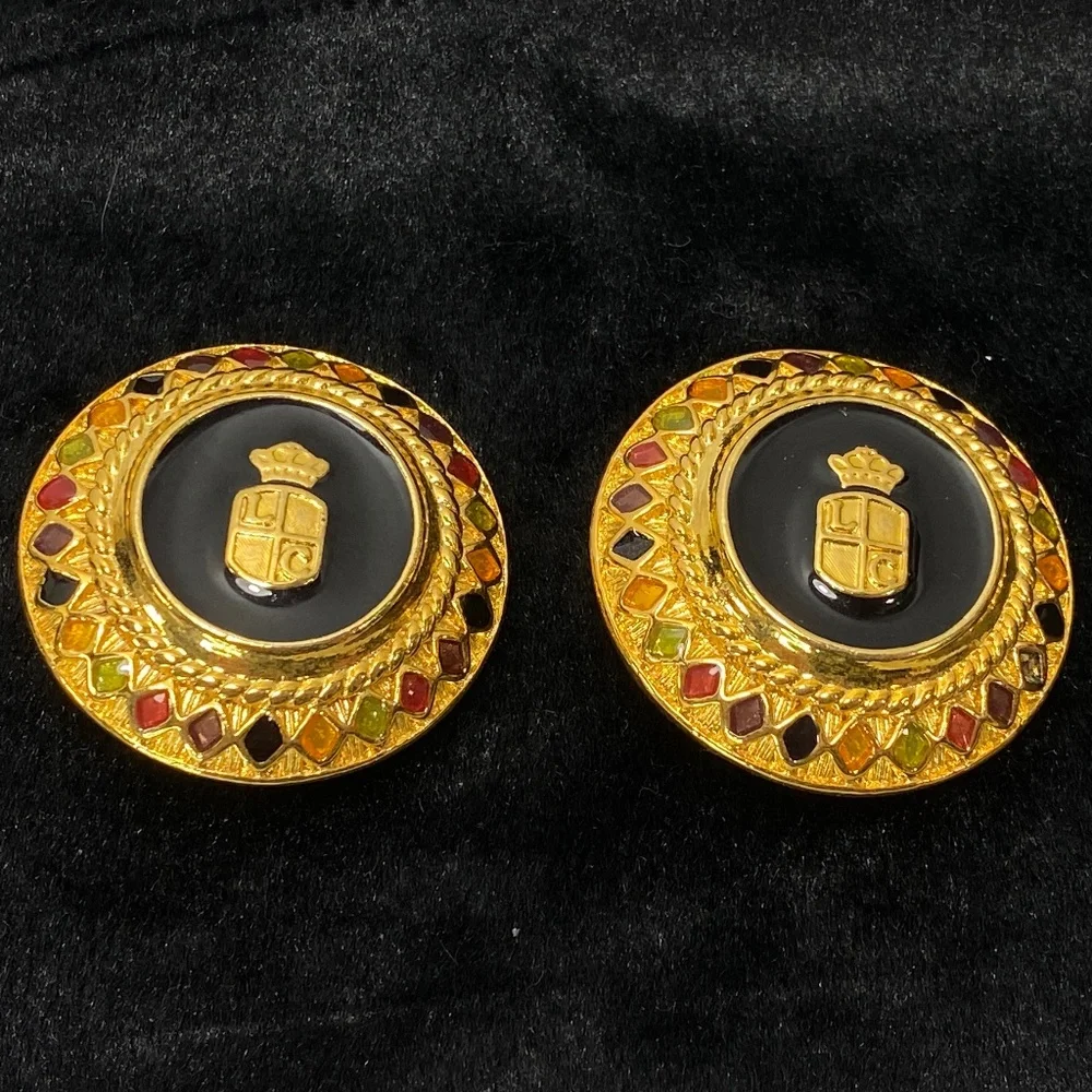 Vtg Liz Claiborne Large Gold Tone Round Harlequin Earrings Clip-Ons 1.5